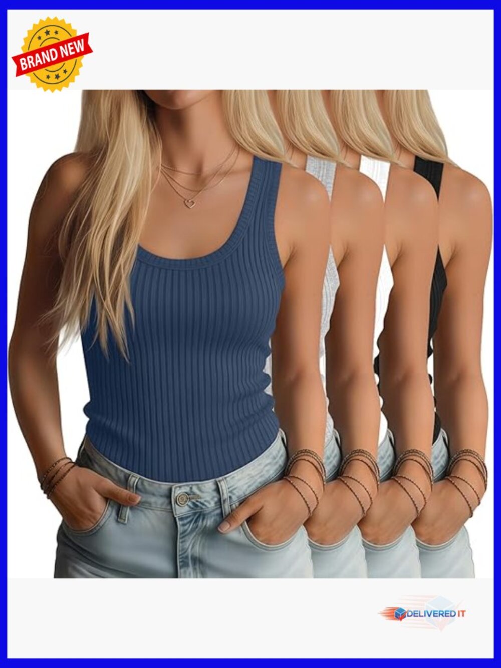 4 Pack Ribbed Tank Tops Cotton Slim Fit Sleeveless Scoop Neck Summer Tops
